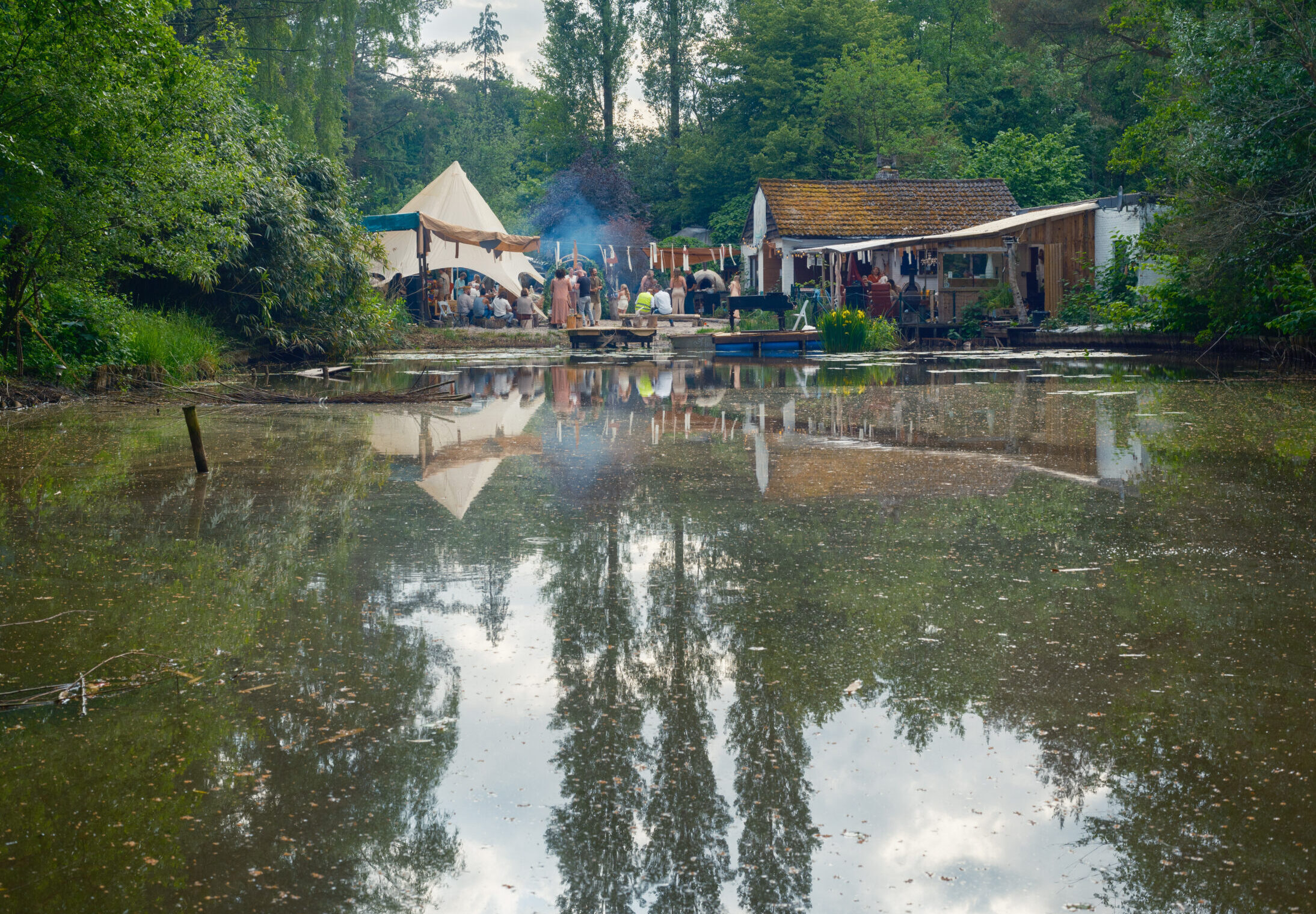 A wide-angle view of the forest-lined lake, featuring soft sand, a wooden pier, and distant colorful cushions arranged in a circle for a holistic workshop.s