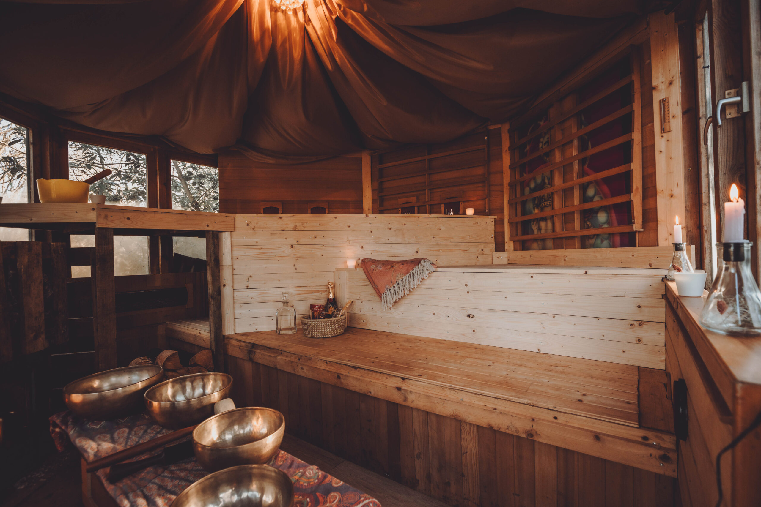 Outdoor sauna used for rest and relaxation at Happie Together festival